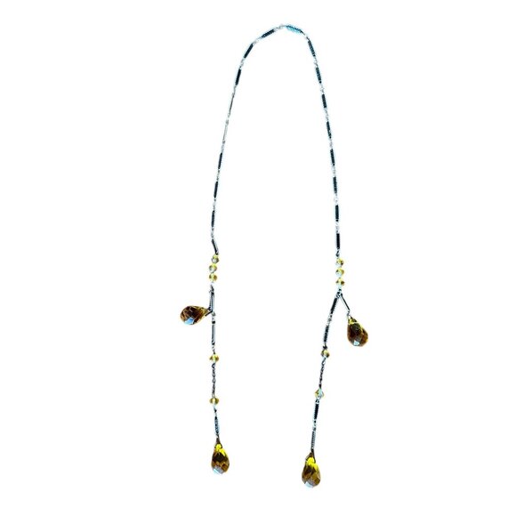 Amber Crystal Bolo Style Drop Necklace With Blackened Chain & Faceted Beads - Picture 8 of 8
